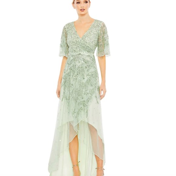 Mac Duggal Dresses & Skirts - Mac Duggal Sage Sequined Butterfly Sleeve High Low Dress Formal Gown Size 8
